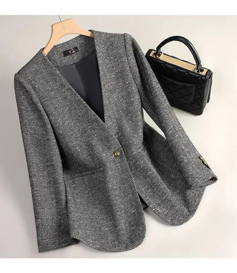 Korean Fashion Women Brown Long Sleeve Slim Woolen Blazer Coat 2024 New Autumn Winter Ladies Grey V Neck Single Button Jacket