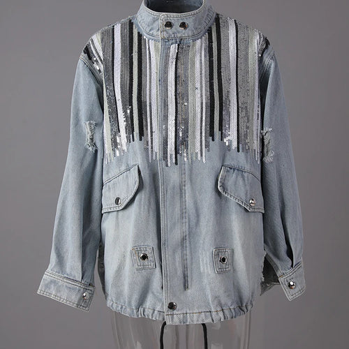 Load image into Gallery viewer, Blue Denim Sequins Drawstring Big Size Jacket New Stand Collar Long Sleeve Women Coat Fashion Spring Autumn 2025 29L8081
