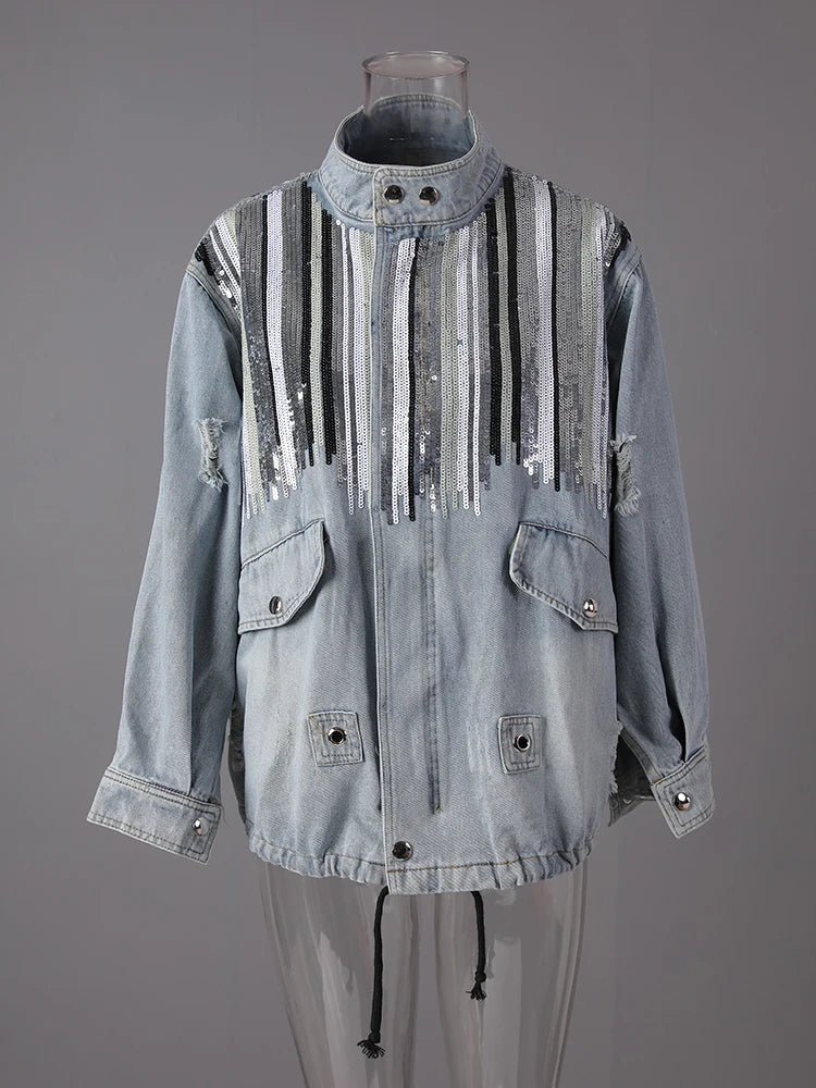Blue Denim Sequins Drawstring Big Size Jacket New Stand Collar Long Sleeve Women Coat Fashion Spring Autumn 2025 29L8081