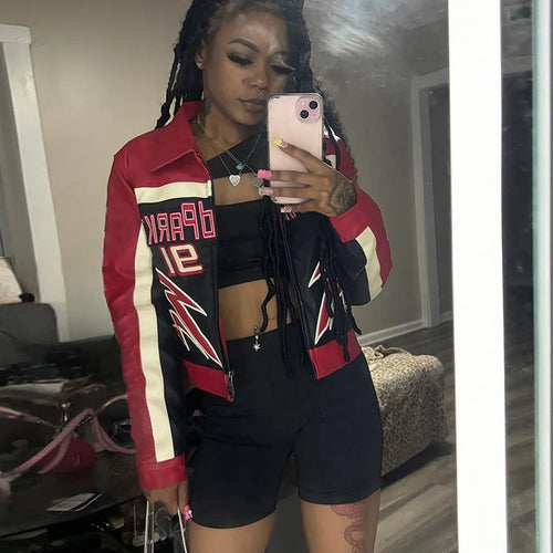 Load image into Gallery viewer, Letter Locomotive Jacket Women Varsity Cool Hipster Embroidery Patchwork Full Sleeve Wild Streetwear Fashion Short Coat
