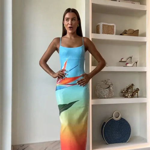 Load image into Gallery viewer, Floral Print Sexy Maxi Dress For Women Spaghetti Strap Sleeveless Backless Bodycon Slipdress Sequins Club Party Dress
