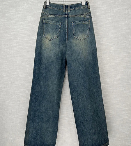 Minimalist Casual Loose Denim Pants For Women High Waist Spliced Button Straight Leg Jeans Female Fashion Clothes