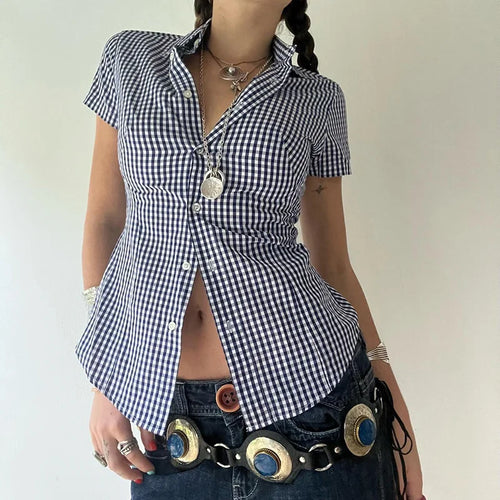 Load image into Gallery viewer, Vintage Fashion Plaid Shirt Women Cropped Top Buttons-Up Cardigan Y2K Korean Style Casual Summer Blouse Short Sleeve
