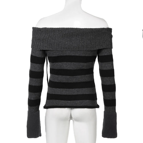 Load image into Gallery viewer, Korean Style Striped Sweater Off Shoulder Autumn Winter Female Jumper Contrast Color Knitwear Y2k 2000s Trend Outfits
