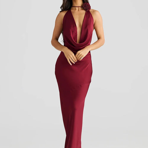 Load image into Gallery viewer, Satin Halter Backless Sexy Maxi Dress Women Gown Elegant Solid Sleeveless Lace-up High Waist Evening Club Long Dress
