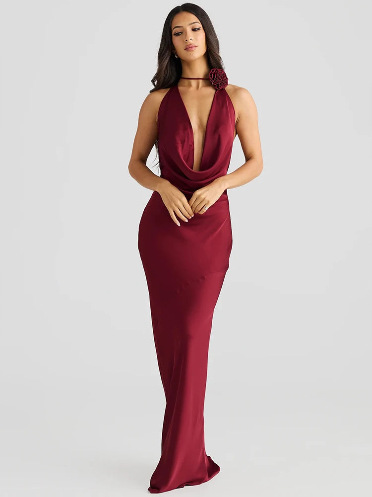 Satin Halter Backless Sexy Maxi Dress Women Gown Elegant Solid Sleeveless Lace-up High Waist Evening Club Long Dress
