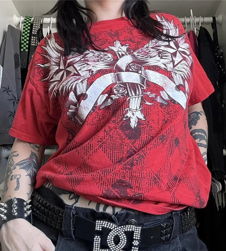 Gothic Punk T Shirt 2000s Women Graphic Print Round Neck Short Sleeve Tees Grungecore Clothing Cyber y2k Top Streetwear