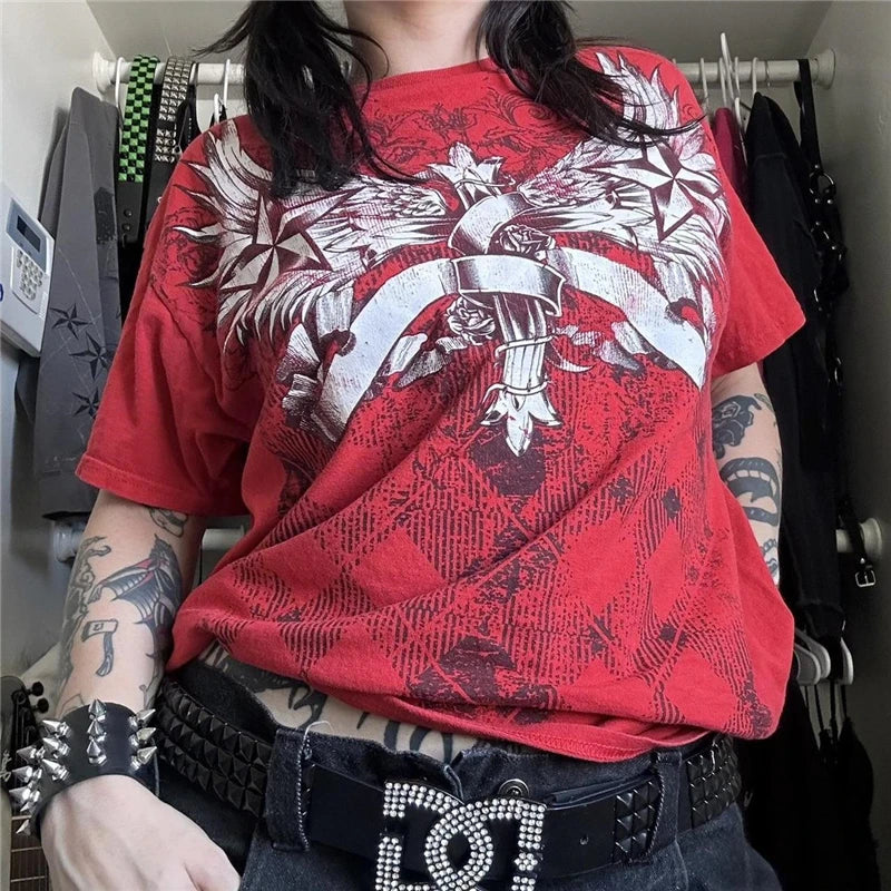 Gothic Punk T Shirt 2000s Women Graphic Print Round Neck Short Sleeve Tees Grungecore Clothing Cyber y2k Top Streetwear