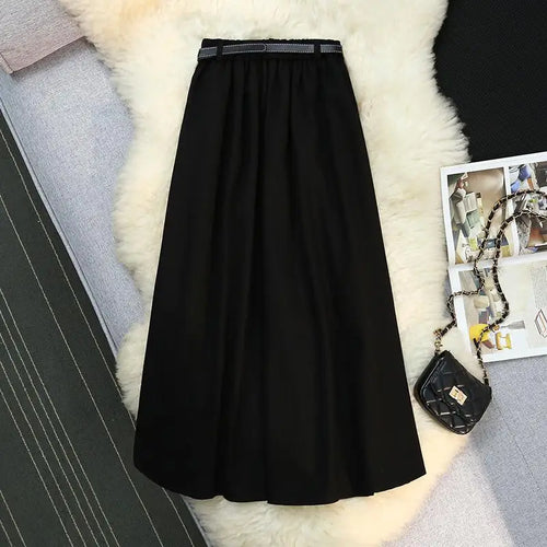 Load image into Gallery viewer, Korean Black Woolen Skirt Women Elegant Brown Autumn Winter High Waist A-line Office Fashion Gray Zippered Pleated Long Skirts
