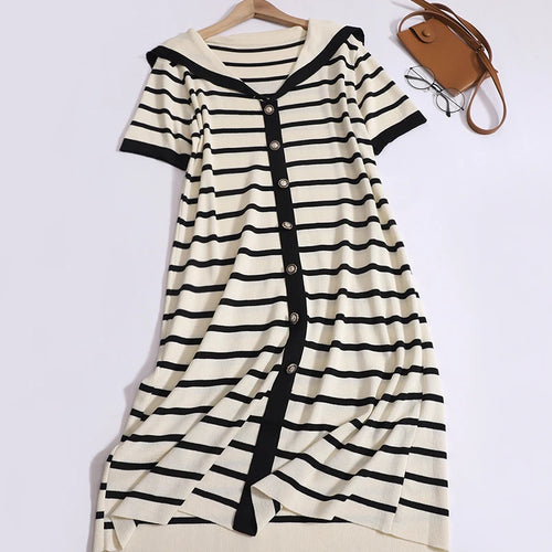 Load image into Gallery viewer, Summer Black White Striped Long Dress Women Red Patchwork Elegant Short Sleeve Fashion Single Breasted Holiday Dresses 2024 New
