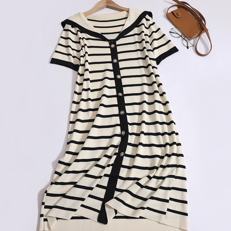 Summer Black White Striped Long Dress Women Red Patchwork Elegant Short Sleeve Fashion Single Breasted Holiday Dresses 2024 New