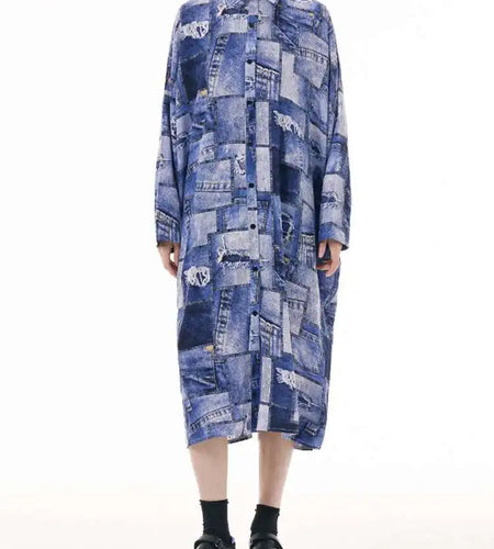 Women Blue Printed Big Size Midi Shirt Dress New Lapel Long Sleeve Loose Fit Fashion Tide Spring Autumn 2025 1DH0515
