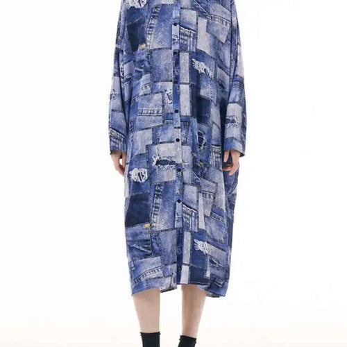Load image into Gallery viewer, Women Blue Printed Big Size Midi Shirt Dress New Lapel Long Sleeve Loose Fit Fashion Tide Spring Autumn 2025 1DH0515
