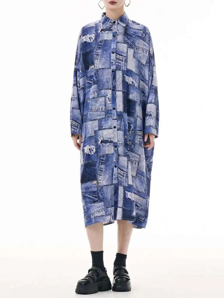 Women Blue Printed Big Size Midi Shirt Dress New Lapel Long Sleeve Loose Fit Fashion Tide Spring Autumn 2025 1DH0515