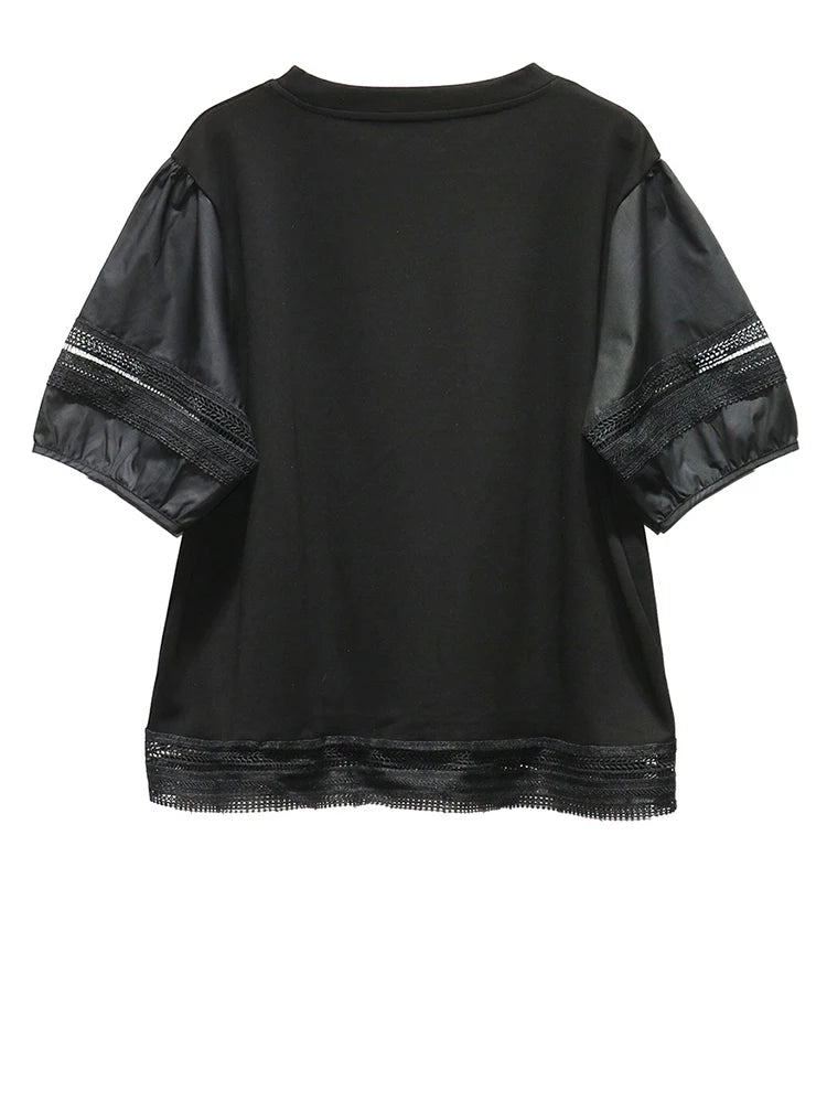 Women Black Lace Hollow Out Big Size Casual T-shirt New Round Neck Short Sleeve Fashion Tide Spring Summer 2025 1DJ1136