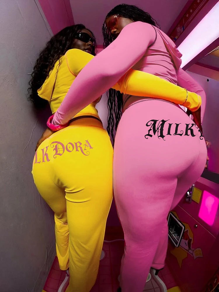 Casual Letter Print Women 2 Piece Set Tracksuit Sporty Full Sleeve Crop Jacket+Pants Matching Streetwear Skinny Outfits