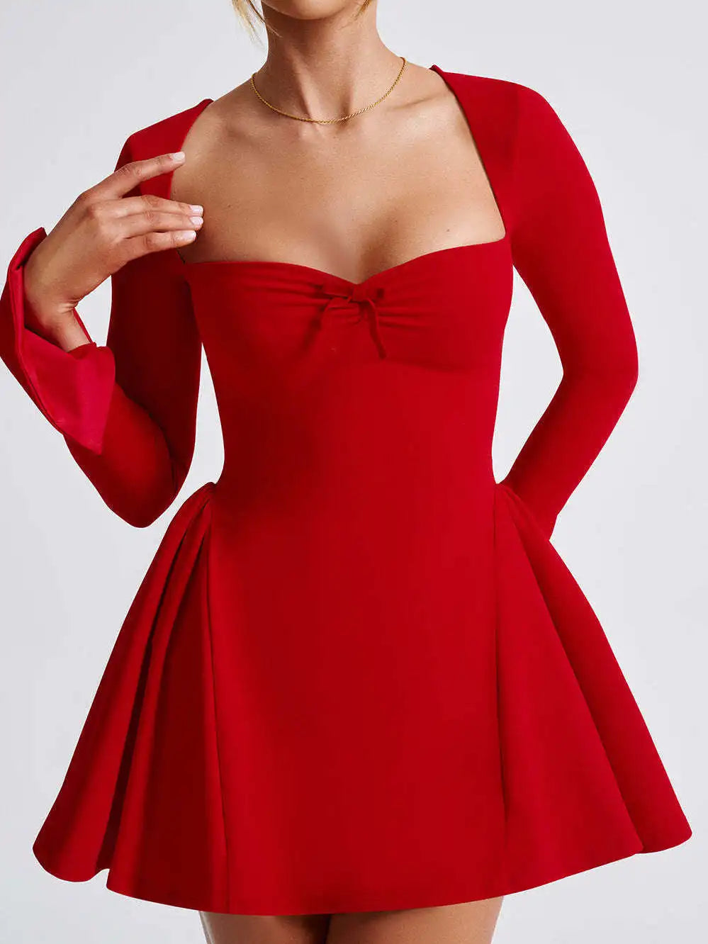 Elegant Long Sleeved High Stretch Tight Dress Women Sexy Square Neck Lace Up Vestido Bodycon Party Club Evening Dress