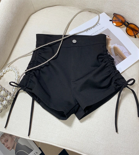 Fashion Summer Women Black Slim High Waist Drawstring Pleated Lace-up Shorts Casual Fashion Simple Short Pant Streetwear popular