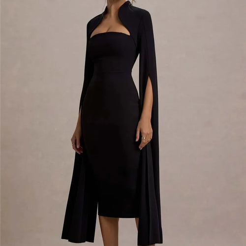 Load image into Gallery viewer, Cape Long Sleeve Sexy Midi Dress For Women Autumn Winter New Square Collar Back Slit Bodycon Club Party Long Dress
