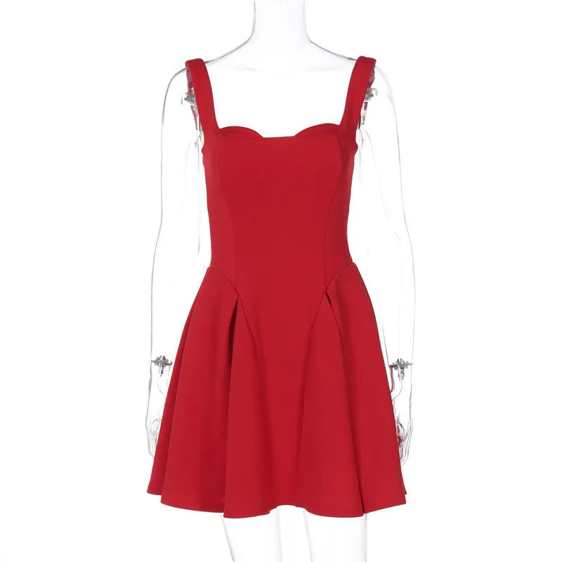 Spaghetti Strap Backless Sexy Mini Dress For Women Robe Solid Sleeveless High Waist A-line Pleated Club Party Dress