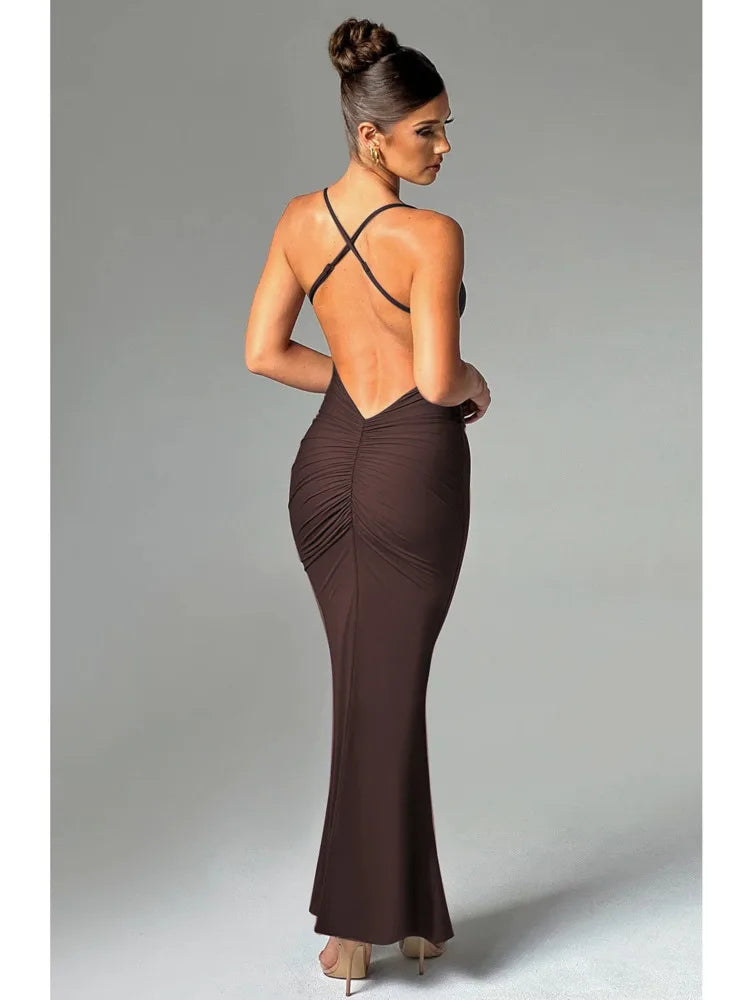 Sexy Sleeveless Slim Fit Pleated Dress For Women Backless Tight Fitting Maxi Vestidos Elegant Party Club Evening Dress