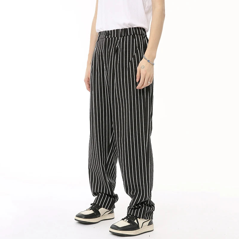 Summer Male Pants Vertical Stripe Contrast Color Casual Menwear Wide Leg Loose Straight Button Korean Style 9C6569