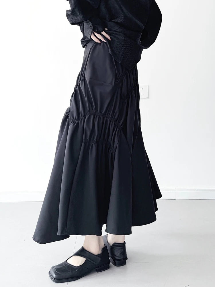 High Elastic Waist Black Irregular Pleated Midi Elegant Half-body Skirt Women Fashion Tide New Spring Autumn 2025 1DJ0400
