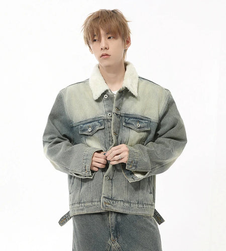 Autumn Men's Denim Jackets Worn-out Turn-down Collar Fleece Thinckened Single Breasted Washed Loose Male Coats 9C8729