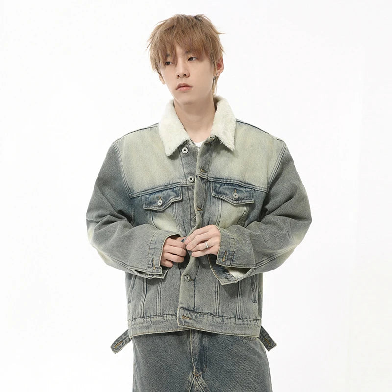 Autumn Men's Denim Jackets Worn-out Turn-down Collar Fleece Thinckened Single Breasted Washed Loose Male Coats 9C8729