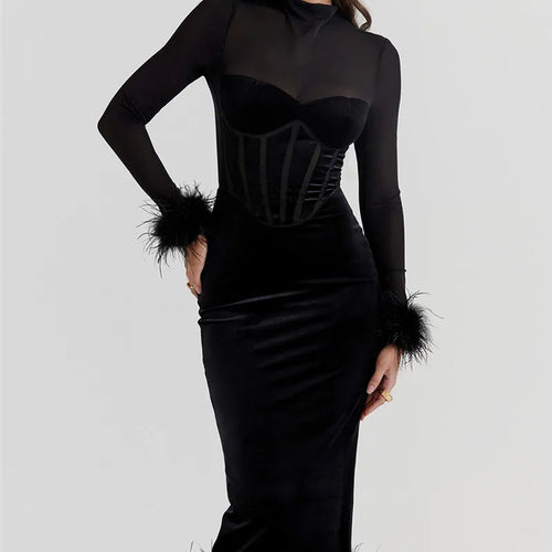 Load image into Gallery viewer, Elegant Feather Sexy Midi Dress For Women Black Fashion Sheer Long Sleeve Backless Bodycon Club Party Long Dress
