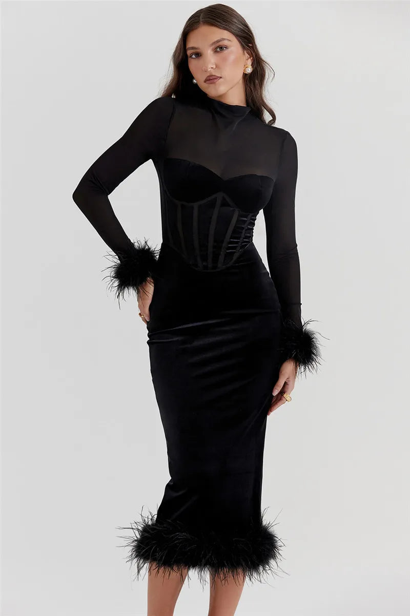 Elegant Feather Sexy Midi Dress For Women Black Fashion Sheer Long Sleeve Backless Bodycon Club Party Long Dress