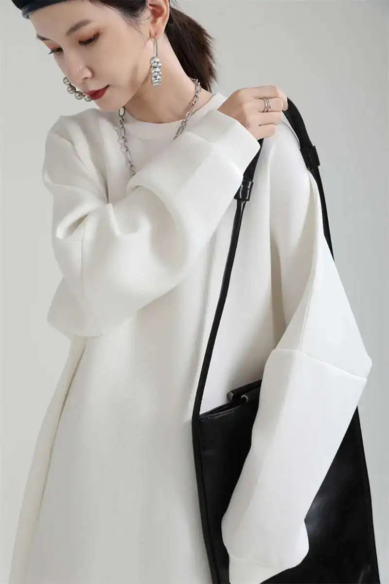 Women White Big Size Shaped Long Dress New Round Neck Long Sleeve Loose Fit Fashion Tide Spring Autumn 2025 1DE4098