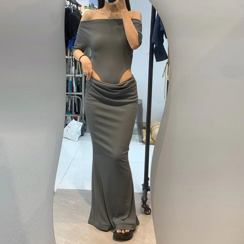 Load image into Gallery viewer, Irregular Hollow Out Dress For Women Slash Neck Short Sleeve High Waist Solid Slim Long Dresses Female Clothing New
