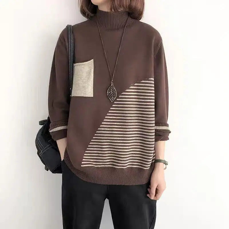 2024 New Women Striped Patchwork Half High Neck Knitted Tops Streetwear Autumn Winter Casual Long Sleeve Pullover Sweater Trendy