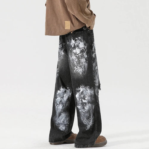 Load image into Gallery viewer, Men's Jeans New American Style Niche Design Graffiti Ripped Design Straight Wide Leg Hole Stylish Male Clothing 9W2023
