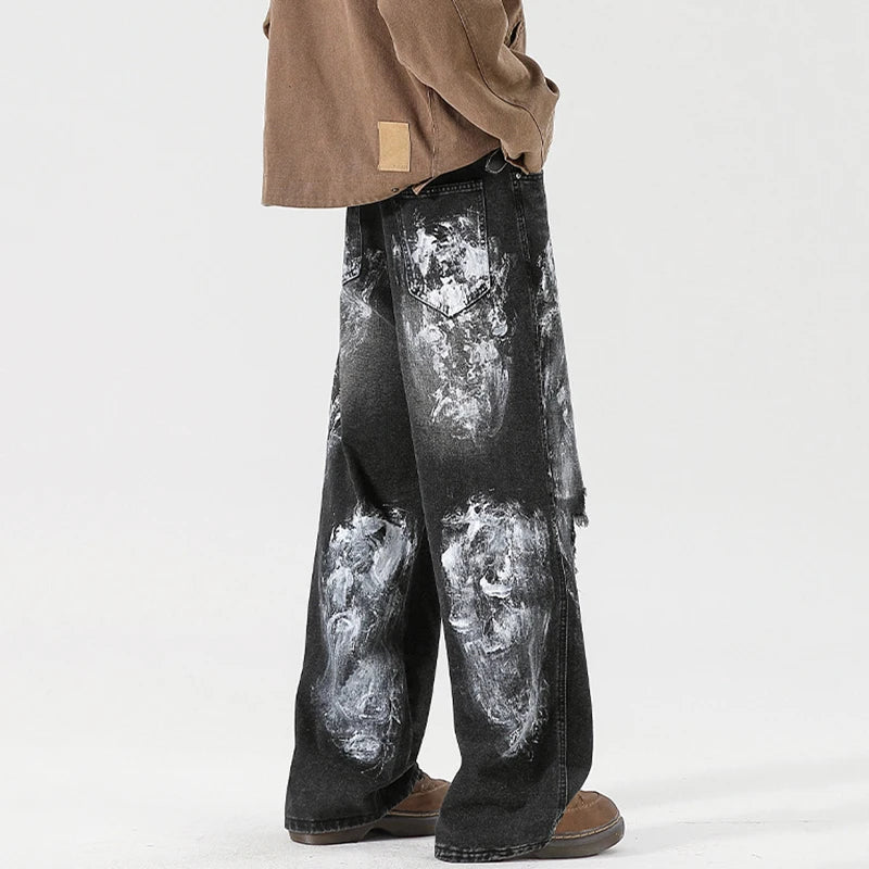 Men's Jeans New American Style Niche Design Graffiti Ripped Design Straight Wide Leg Hole Stylish Male Clothing 9W2023