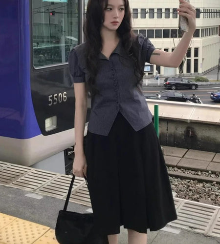 Y2k Aesthetic Women Striped Blouse Harajuku Casual Single Breasted Slim Fit Grunge Shirt Streetwear Grunge Puff Sleeve Blusas