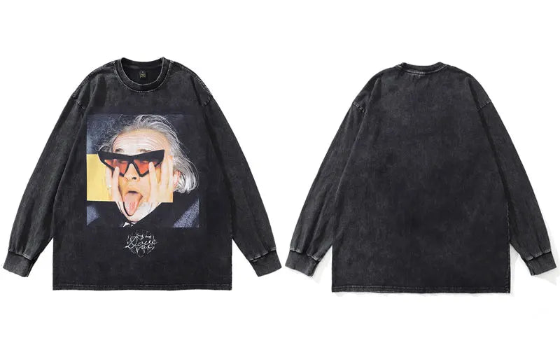 Vintage Oversized T-Shirt Men Funny Graphic Printed Washed Tshirt Streetwear Hip Hop Cotton Tees Harajuku Long Sleeve Tops Black