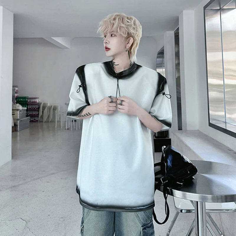 Men's T-shirts New Summer Round Neck Spray Painting Drawstring Decoration Loose Male Short Sleeve Causal Clothing 9W1796