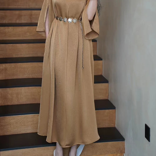 Load image into Gallery viewer, Solid Spliced Belt Loose Dresses For Women V Neck Short Sleeve High Waist Temperament Dress Female Fashion Style

