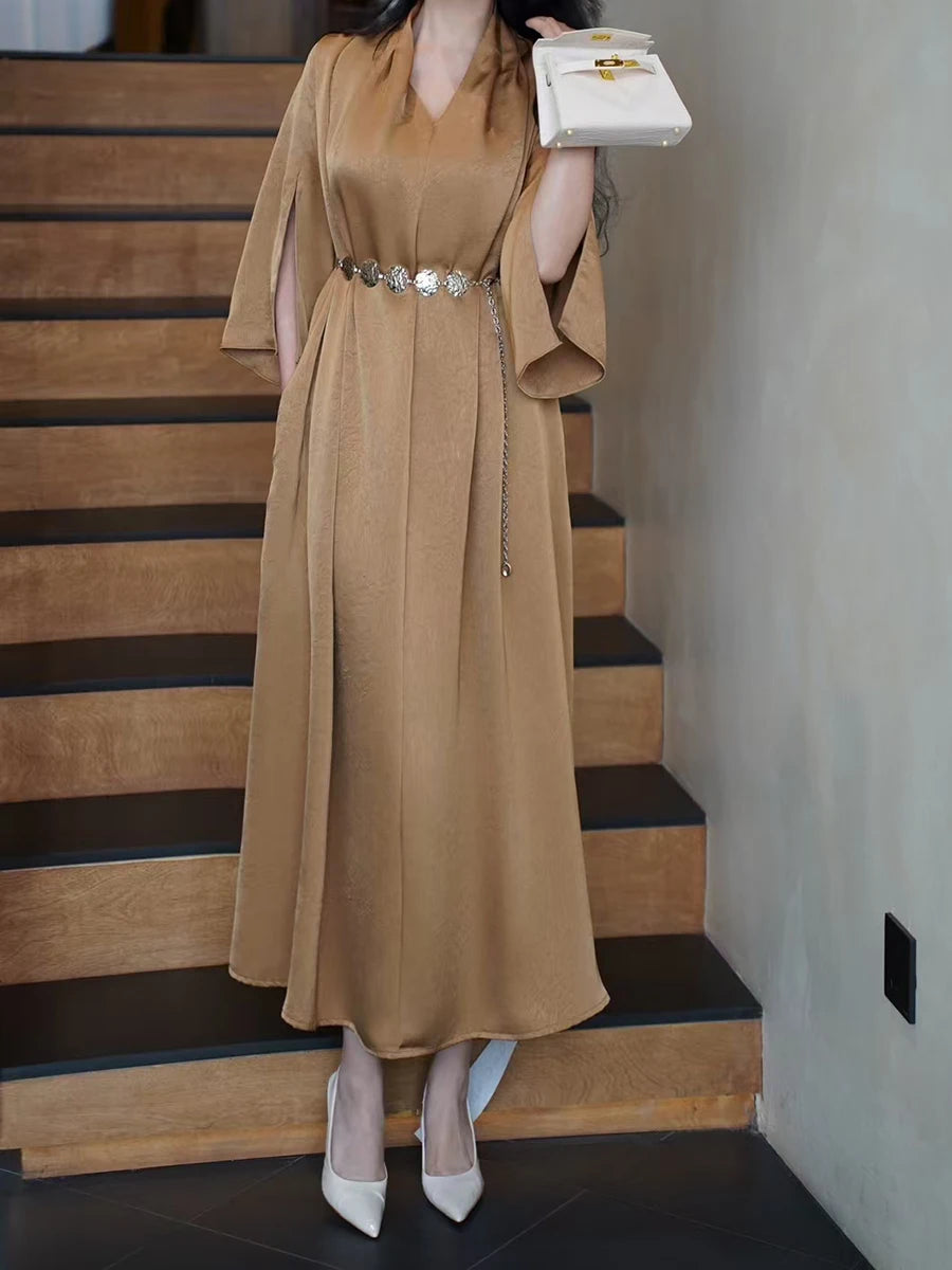 Solid Spliced Belt Loose Dresses For Women V Neck Short Sleeve High Waist Temperament Dress Female Fashion Style