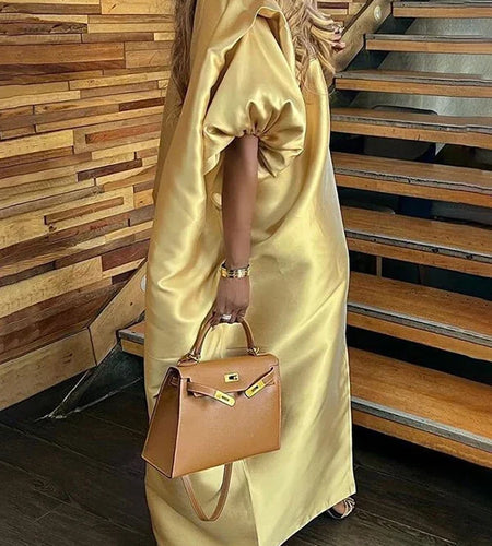 Evening Prom Pleated Long Dresses for Women Summer Puff Sleeves V-neck Woman Split-front Loose Maxi Dresses