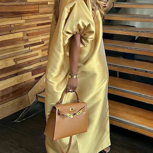 Load image into Gallery viewer, Evening Prom Pleated Long Dresses for Women Summer Puff Sleeves V-neck Woman Split-front Loose Maxi Dresses
