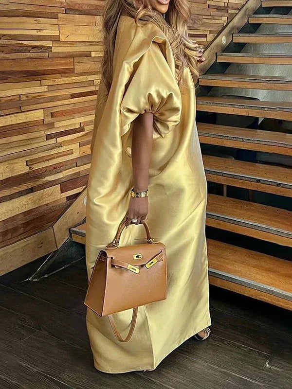 Evening Prom Pleated Long Dresses for Women Summer Puff Sleeves V-neck Woman Split-front Loose Maxi Dresses