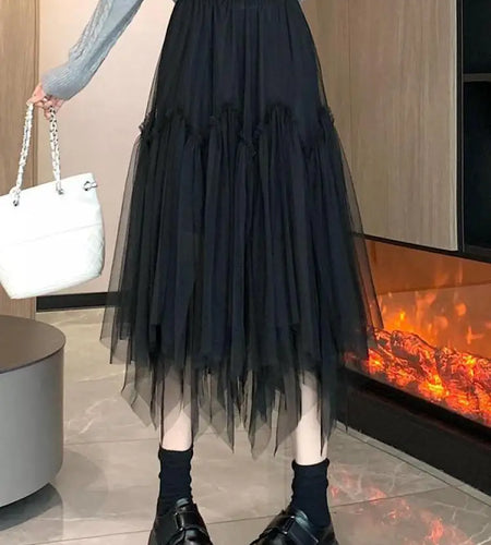 Vintage Autumn White Elegant Pleated Irregular Long Skirt For Women's Black High Waist A-line Mesh Skirts 2024 Versatile Popular