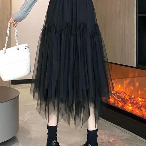 Load image into Gallery viewer, Vintage Autumn White Elegant Pleated Irregular Long Skirt For Women's Black High Waist A-line Mesh Skirts 2024 Versatile Popular
