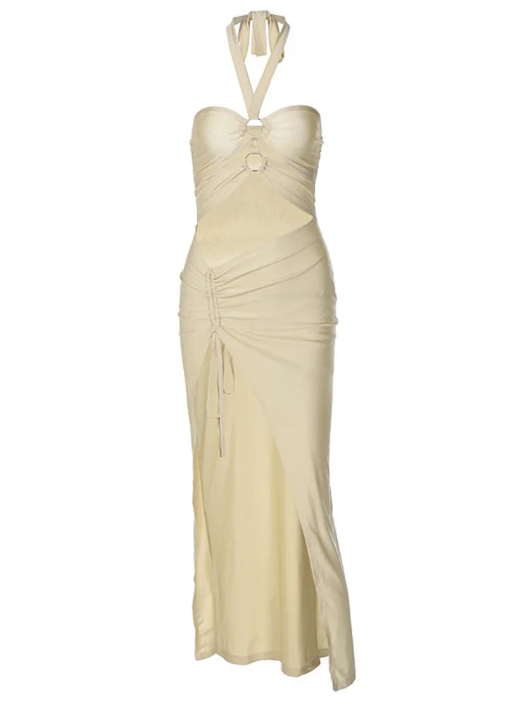 Women Solid Color Spliced Bodycon Hollow Out Collar Style Fashion Split Dress Slim Fit Party Club Evening Dress 2024