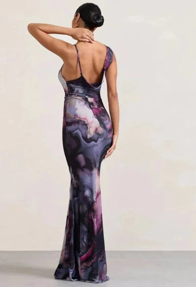 Asymmetrical Backless Maxi Dress for Women 2023 Purple Printed Elegant Sexy Party Dresses for A Lady C83-BG31