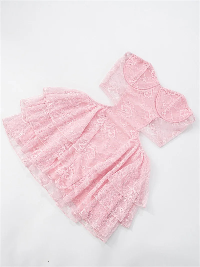 Lace Hollow Out Sexy Mini Dress Women Summer New Off-shoulder Strapless Sleeveless Backless A-line Club Party Dress