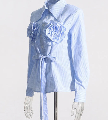 Spliced Floral Casual Blouses For Women Lapel Long Sleeve Tunic Patchwork Lace Up Plaid Shirt Female Fashion